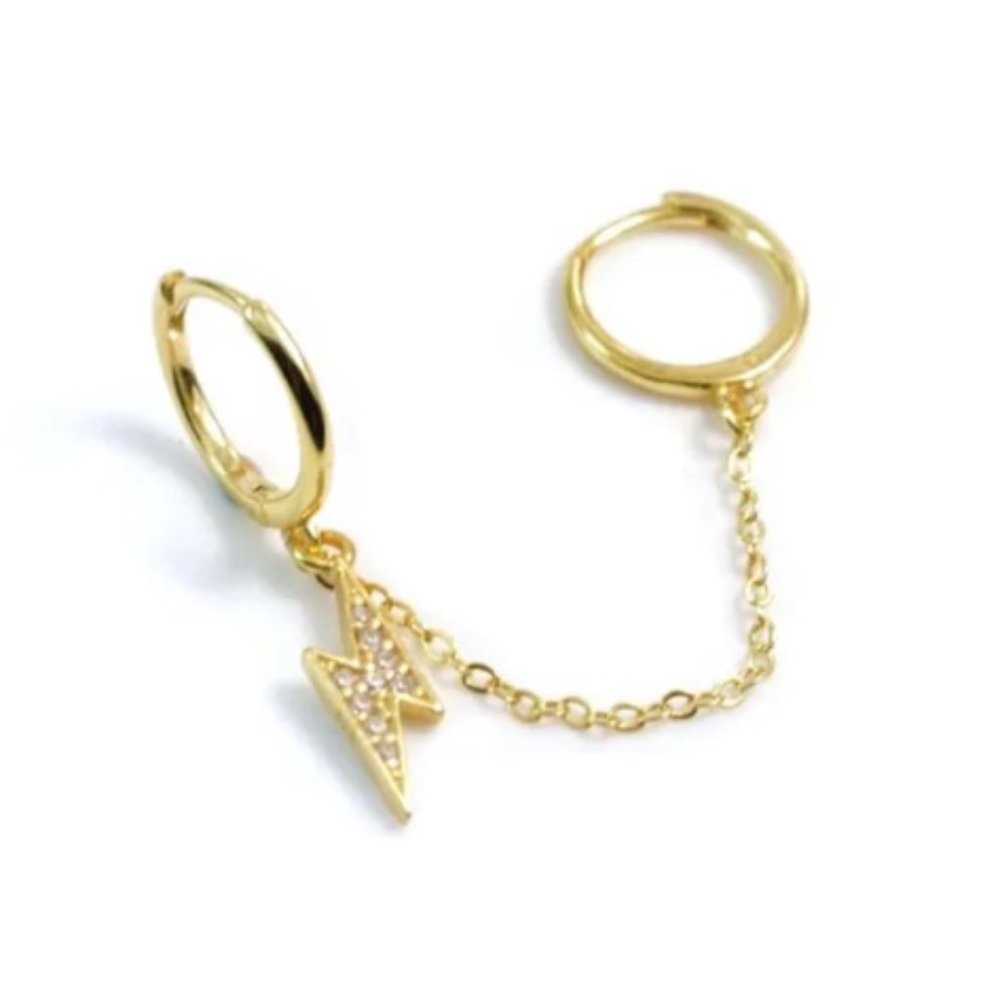 Double Lobe Piercing Linked Lightning Gold Earrings